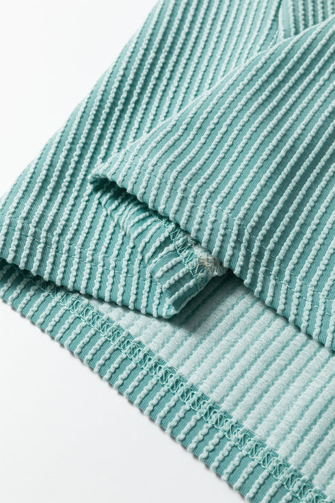 Frilled Neckline Ruffled Short Sleeve Ribbed Patchwork Blouse