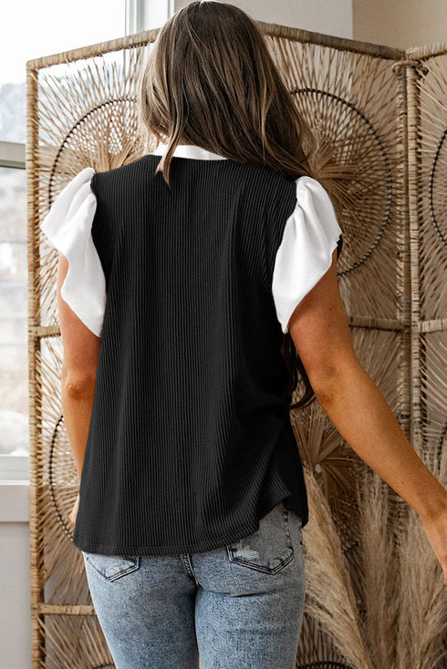 Frilled Neckline Ruffled Short Sleeve Ribbed Patchwork Blouse