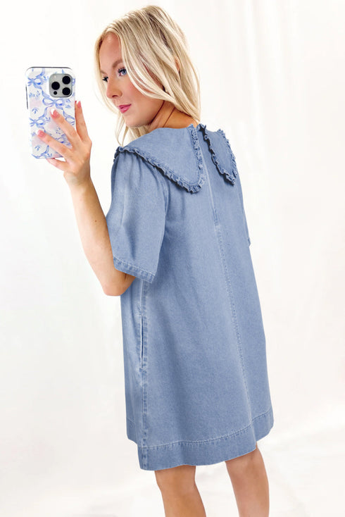 Frilled Peter Pan Collar Loose Fit Denim Mini Dress
