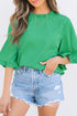 Frilled Round Neck Wide Sleeve Woven Relaxed Fit Blouse