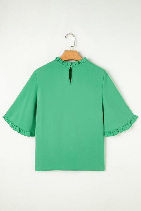 Frilled Round Neck Wide Sleeve Woven Relaxed Fit Blouse