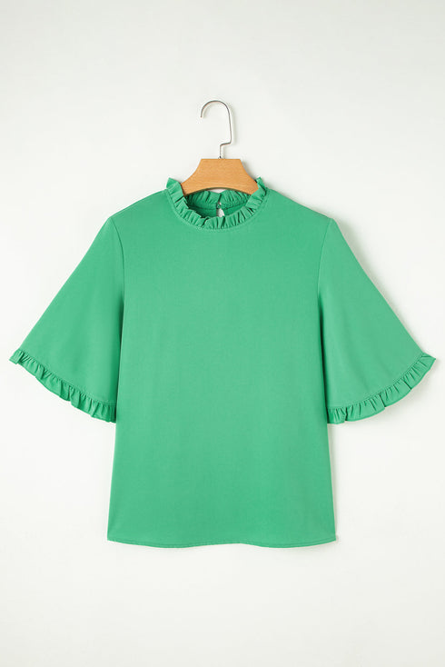 Frilled Round Neck Wide Sleeve Woven Relaxed Fit Blouse