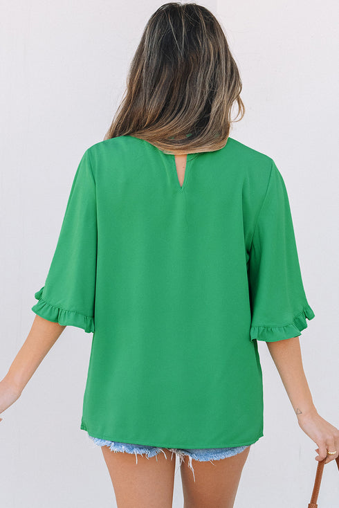Frilled Round Neck Wide Sleeve Woven Relaxed Fit Blouse