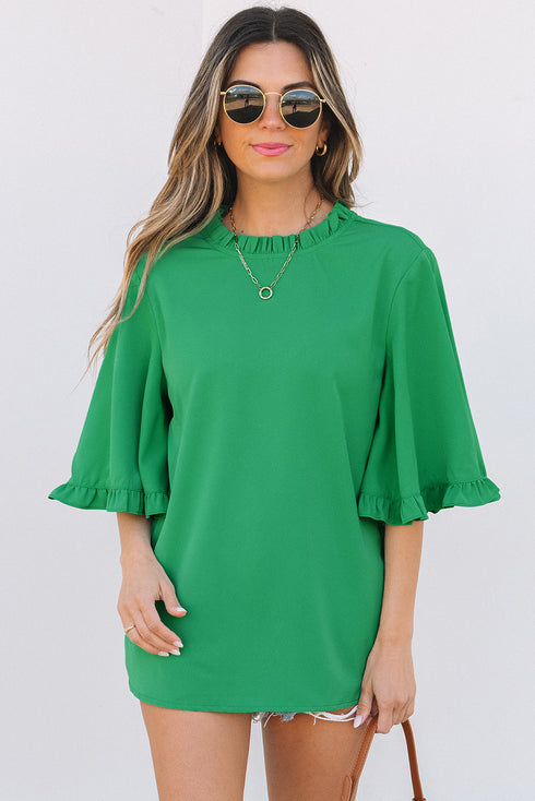 Frilled Round Neck Wide Sleeve Woven Relaxed Fit Blouse