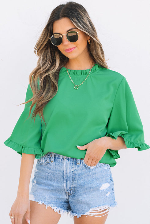 Frilled Round Neck Wide Sleeve Woven Relaxed Fit Blouse