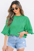 Frilled Round Neck Wide Sleeve Woven Relaxed Fit Blouse