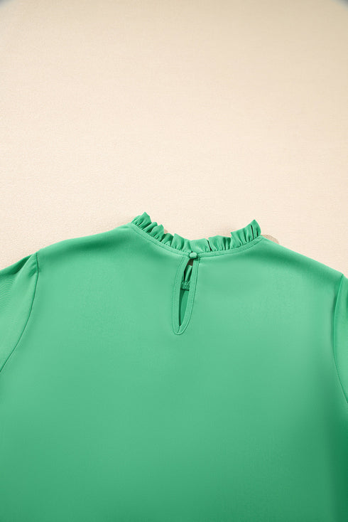 Frilled Round Neck Wide Sleeve Woven Relaxed Fit Blouse