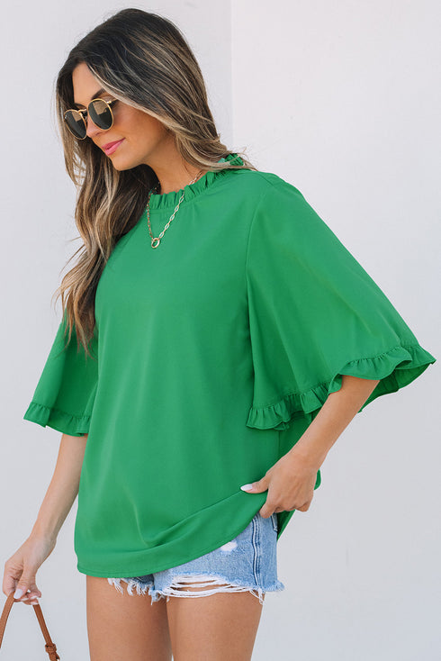 Frilled Round Neck Wide Sleeve Woven Relaxed Fit Blouse