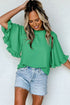 Frilled Round Neck Wide Sleeve Woven Relaxed Fit Blouse
