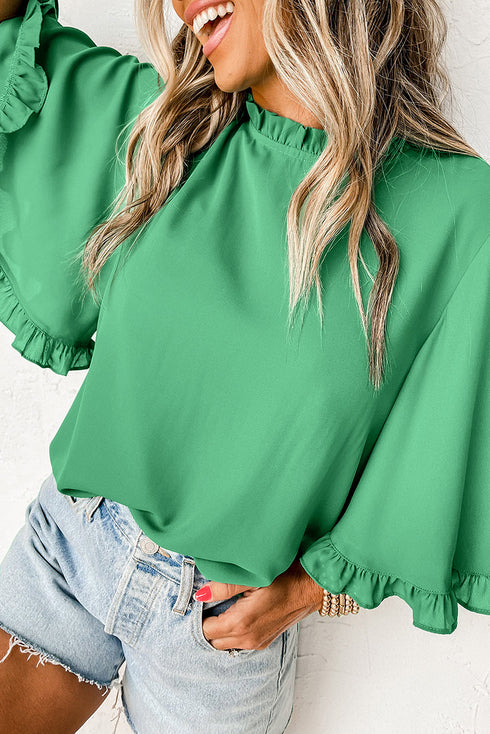 Frilled Round Neck Wide Sleeve Woven Relaxed Fit Blouse