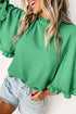 Frilled Round Neck Wide Sleeve Woven Relaxed Fit Blouse