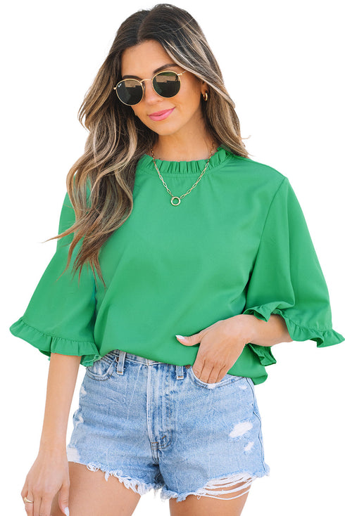 Frilled Round Neck Wide Sleeve Woven Relaxed Fit Blouse