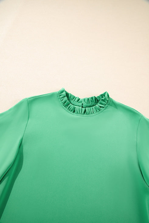 Frilled Round Neck Wide Sleeve Woven Relaxed Fit Blouse