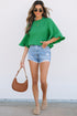 Frilled Round Neck Wide Sleeve Woven Relaxed Fit Blouse