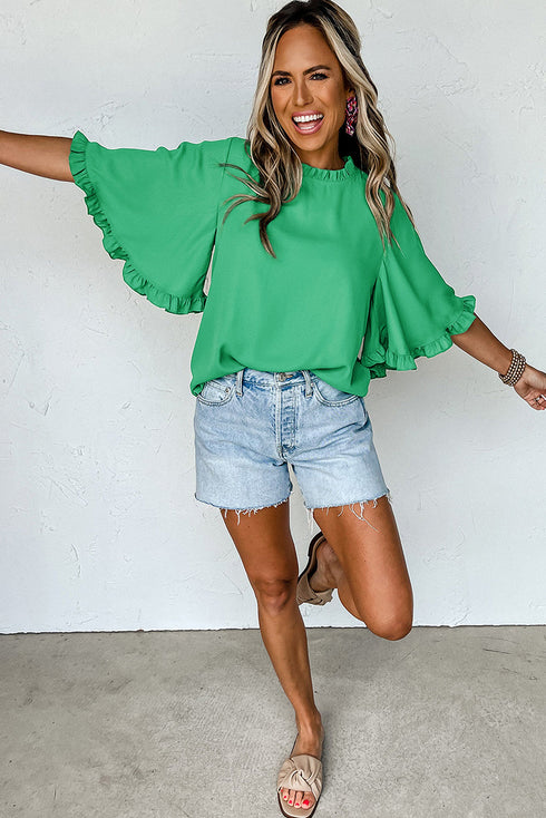 Frilled Round Neck Wide Sleeve Woven Relaxed Fit Blouse