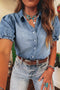 Frilled Short Sleeve Snap Button Western Denim Shirt