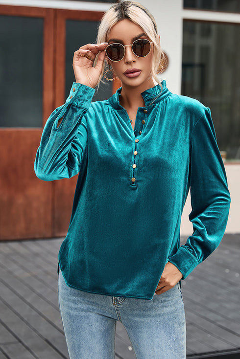 Frilled Stand Collar Button Front Velvet Blouse