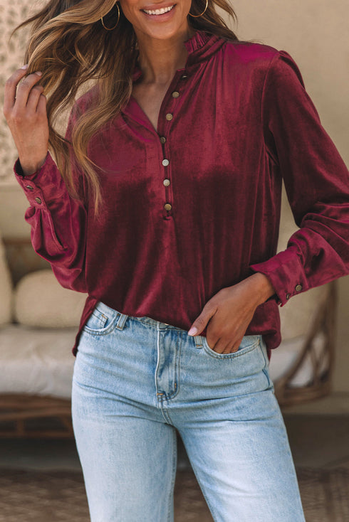 Frilled Stand Collar Button Front Velvet Blouse