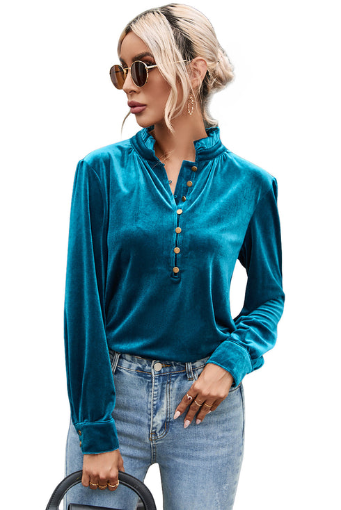 Frilled Stand Collar Button Front Velvet Blouse
