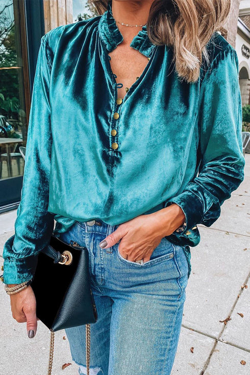 Frilled Stand Collar Button Front Velvet Blouse