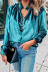 Frilled Stand Collar Button Front Velvet Blouse