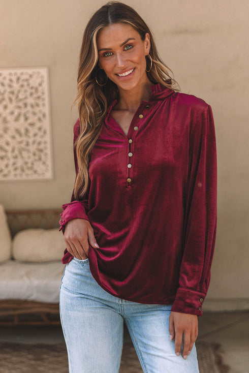Frilled Stand Collar Button Front Velvet Blouse