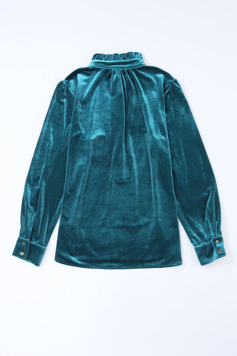 Frilled Stand Collar Button Front Velvet Blouse
