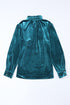 Frilled Stand Collar Button Front Velvet Blouse