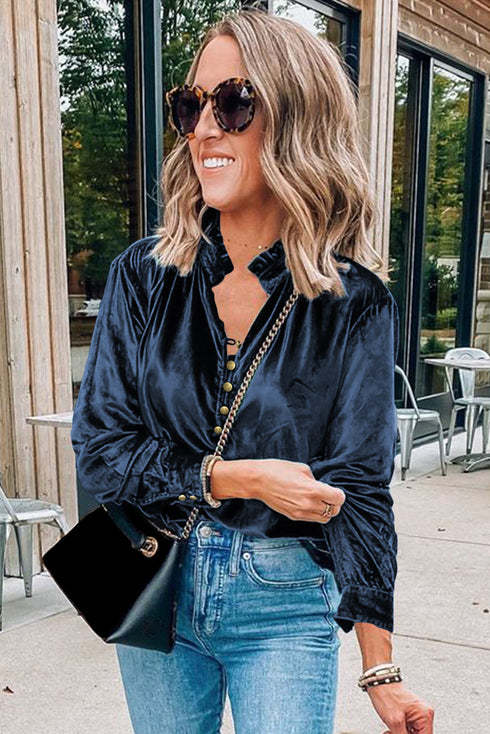 Frilled Stand Collar Button Front Velvet Blouse