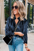 Frilled Stand Collar Button Front Velvet Blouse