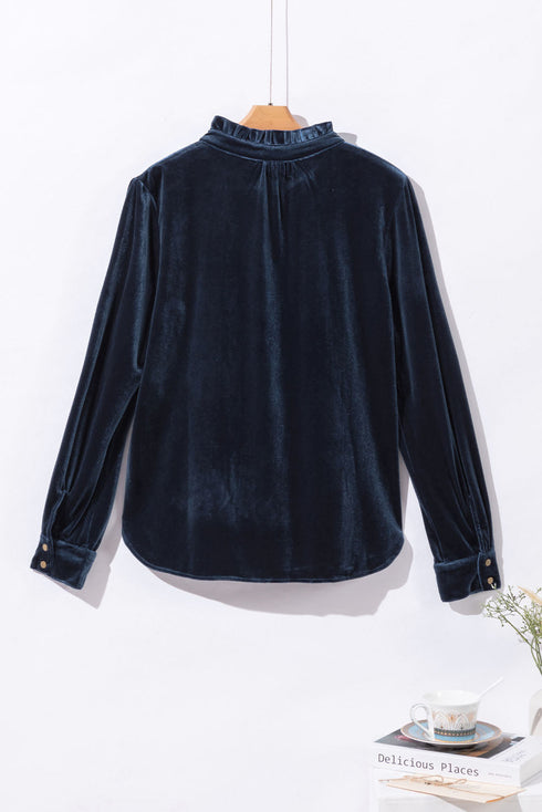 Frilled Stand Collar Button Front Velvet Blouse