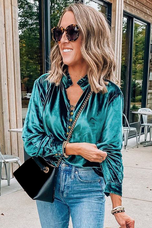 Frilled Stand Collar Button Front Velvet Blouse