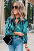 Frilled Stand Collar Button Front Velvet Blouse