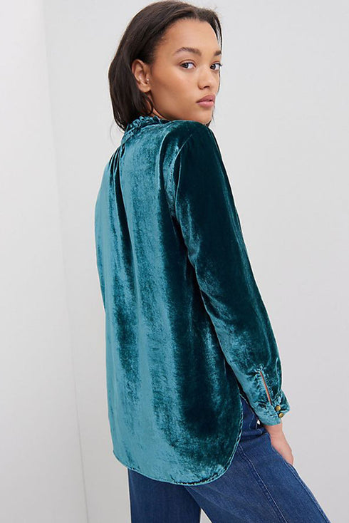 Frilled Stand Collar Button Front Velvet Blouse
