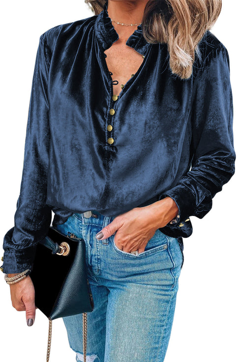 Frilled Stand Collar Button Front Velvet Blouse