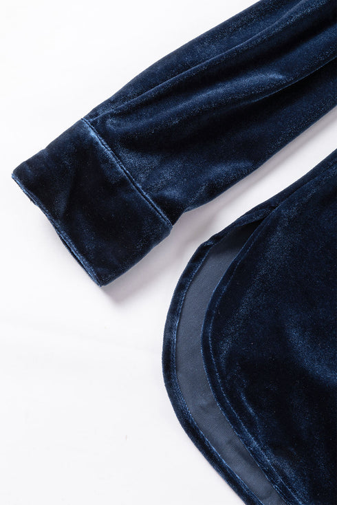 Frilled Stand Collar Button Front Velvet Blouse