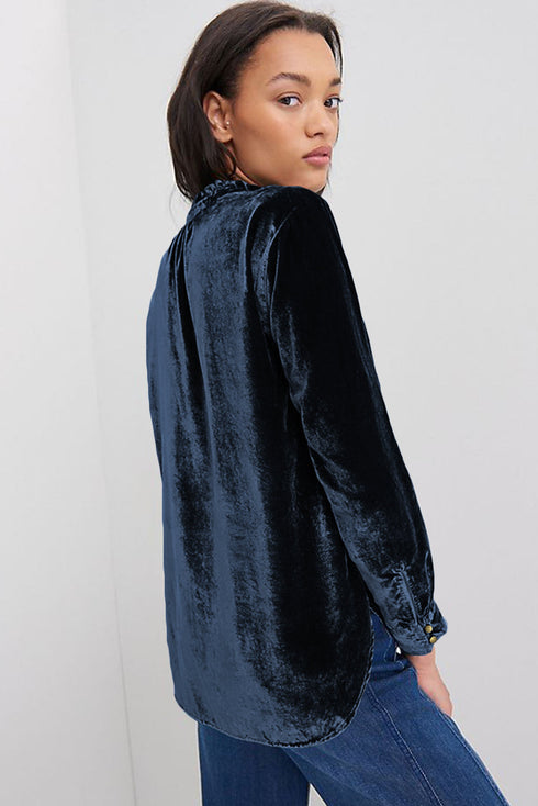 Frilled Stand Collar Button Front Velvet Blouse