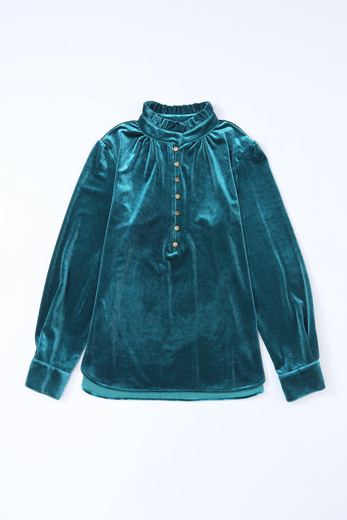Frilled Stand Collar Button Front Velvet Blouse