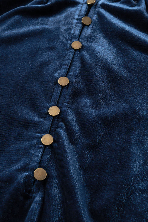 Frilled Stand Collar Button Front Velvet Blouse