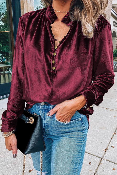 Frilled Stand Collar Button Front Velvet Blouse