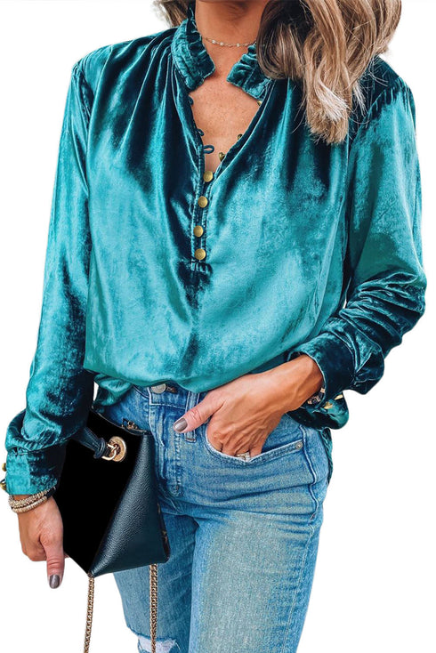 Frilled Stand Collar Button Front Velvet Blouse