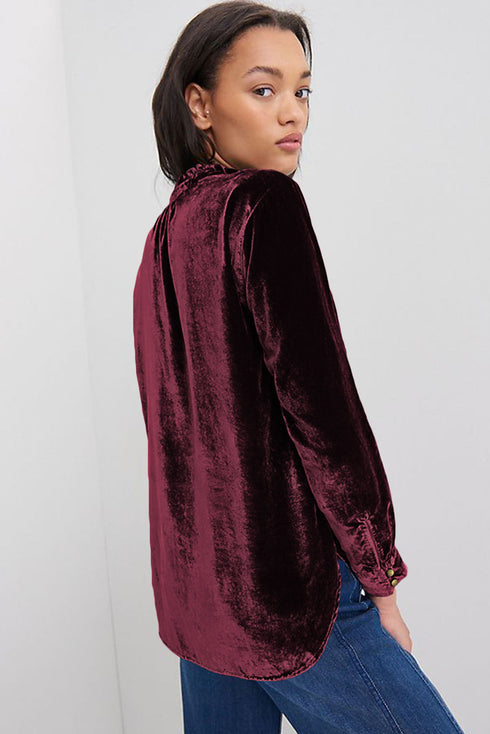 Frilled Stand Collar Button Front Velvet Blouse