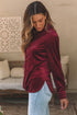 Frilled Stand Collar Button Front Velvet Blouse