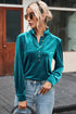 Frilled Stand Collar Button Front Velvet Blouse