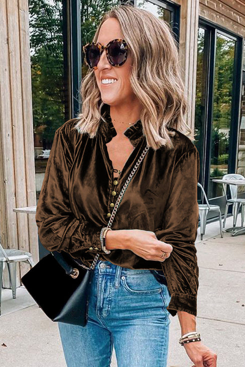 Frilled Stand Collar Button Front Velvet Blouse