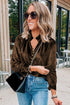 Frilled Stand Collar Button Front Velvet Blouse