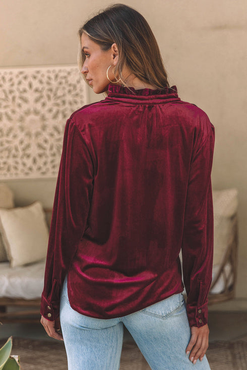 Frilled Stand Collar Button Front Velvet Blouse