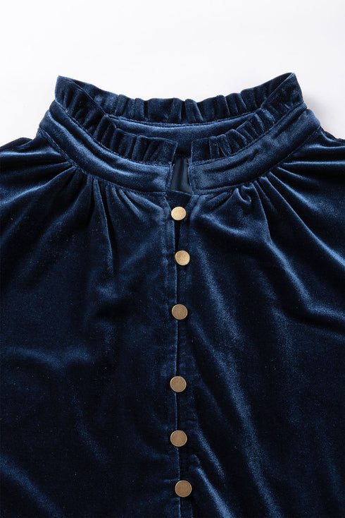 Frilled Stand Collar Button Front Velvet Blouse