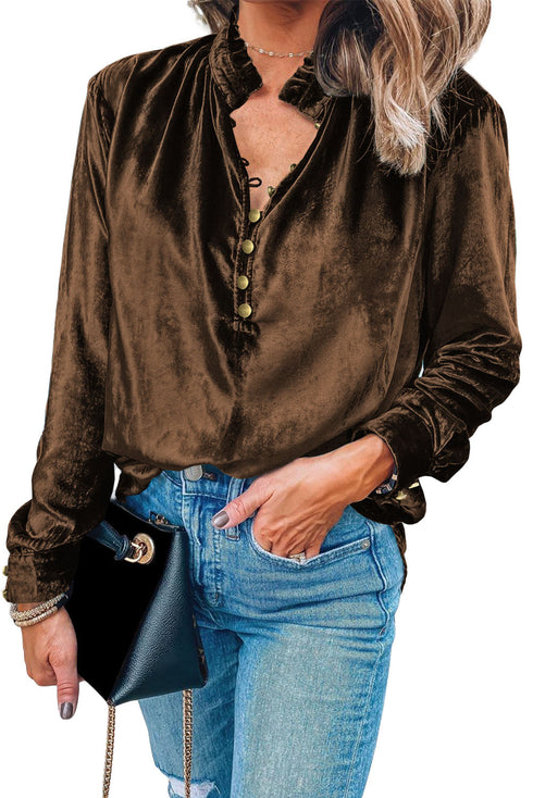 Frilled Stand Collar Button Front Velvet Blouse