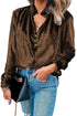 Frilled Stand Collar Button Front Velvet Blouse